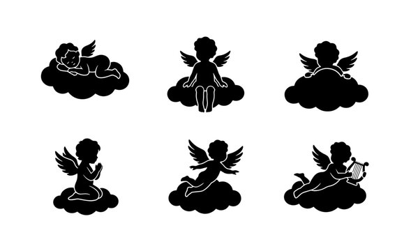 70 Cherub Silhouettes Vector Set, Angelic Figures on Clouds, Divine Baby Angels, Heavenly Putti Icons for Spiritual and Romantic Designs 100