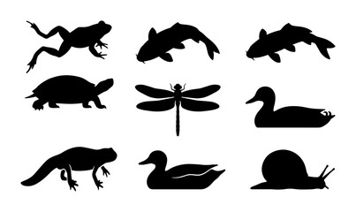 70 Pond Life Silhouettes: Frog, Fish, Turtle, Dragonfly, Ducks, Snail, and Salamander Vector Icons for Nature Graphics 100 © Emon