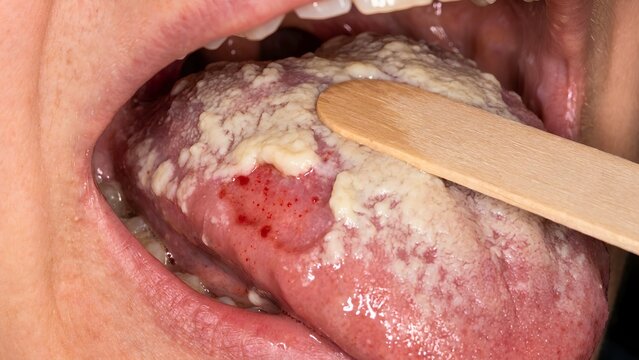 Oral Candidiasis Clinical Presentation with White Pseudomembranous Plaques on Tongue