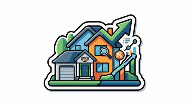 Houses with growth charts magnifying glass percentage sign and handshake