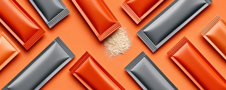 Flat lay of orange and gray stick packs with spilled powder on an orange background