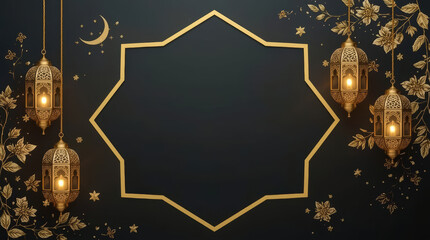 Fototapeta premium Luxurious gold lanterns and crescent frame on dark backdrop evoking elegant festive ambience