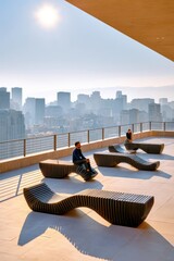 Obraz premium People relaxing on a modern rooftop terrace with city skyline views and dramatic sunlight