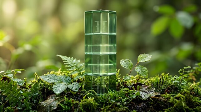 Environmental monitoring concept featuring green glass measurement tower standing in natural forest moss