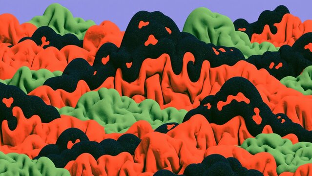Abstract bumpy terrain landscape made of soft orange and green forms.