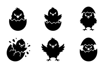 70 Six Black Silhouette Chick Icons, Angry Baby Birds Emerging from Cracked Eggs, Vector Graphics for Easter and Spring Themes 100 © Ovijit
