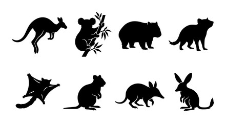 70 Australian Wildlife Silhouettes: Kangaroo, Koala, Wombat, Tasmanian Devil, Sugar Glider, Bilby, Bandicoot, Wallaby Vector Icons 100 © Ovijit