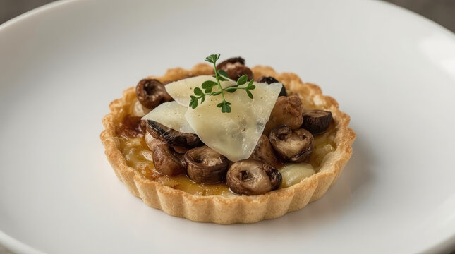 Luxury mushroom tart with thyme and parmesan on pastry shell, warm savory bite