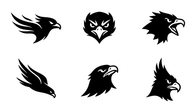 70 Six Black Eagle Head Vector Icons, Majestic Bird of Prey Silhouettes, Fierce Avian Symbol Collection for Sport Teams and Branding 100