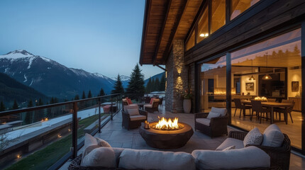 Obraz premium Luxury mountain chalet terrace with fire pit, panoramic view, cozy seating, alpine twilight