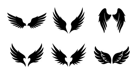 Naklejka premium 70 Diverse Angel Wings Vector Icons Set, Stylized Feathered Wing Graphics for Spiritual, Fantasy, and Heraldic Designs, Black Silhouette Collection 100