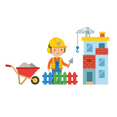 A cartoon illustration of a happy construction worker wearing a hard hat and holding a trowel next to a wheelbarrow and building.