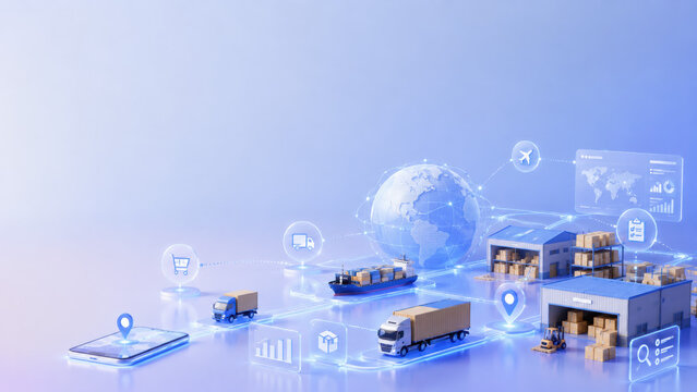 Global logistics network connecting warehouses trucks ships and digital tracking