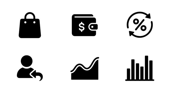 70 E-commerce Icons Set: Shopping Bag, Wallet, Percentage, User, Graph, Bar Chart, Business Finance Icons 100