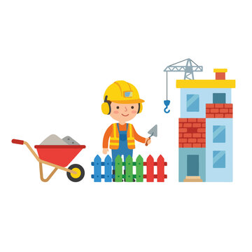A cartoon illustration of a happy construction worker wearing a hard hat and holding a trowel next to a wheelbarrow and building.