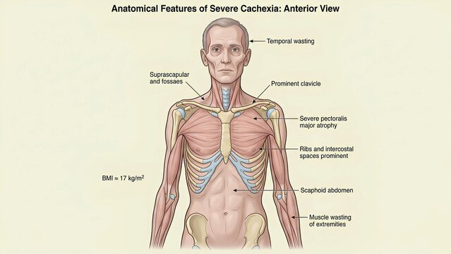 Anatomical Features of Severe Cachexia Anterior View Medical Illustration showing Muscle Wasting and Temporal Atrophy