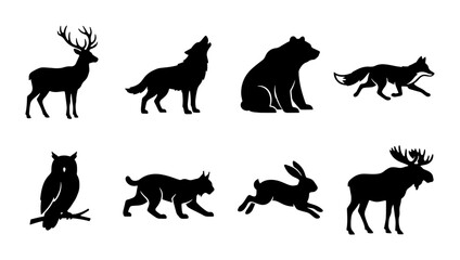 Fototapeta premium 70 Forest Wildlife Silhouette Collection: Deer, Wolf, Bear, Fox, Owl, Bobcat, Rabbit, Moose Vector Icons, Nature Animal Graphics 100