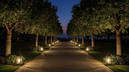 Fototapeta premium Luxury resort pathway illuminated by lanterns tropical tree lined walkway dusk lantern lit path