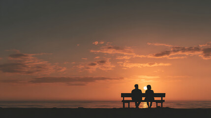 Fototapeta premium Romantic couple silhouette sitting on bench watching sunset over ocean horizon