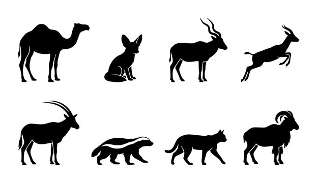 70 African Wildlife Silhouette Collection: Camel, Fennec Fox, Oryx, Gazelle, Antelope, Badger, Wild Cat, Ram Vector Icons for Safari and Nature Designs 100