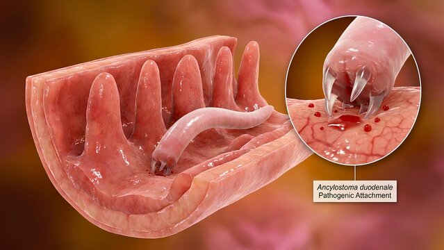 Ancylostoma duodenale Hookworm Attachment to Human Intestinal Mucosa 3D Rendering