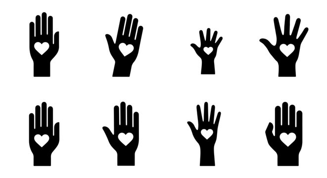 70 Diverse Hands Holding Hearts Vector Icons, Symbolizing Love, Care, Support, Charity, and Kindness. Set of 8 Black Silhouette Graphics for Social Causes and Human Connection Themes. 100
