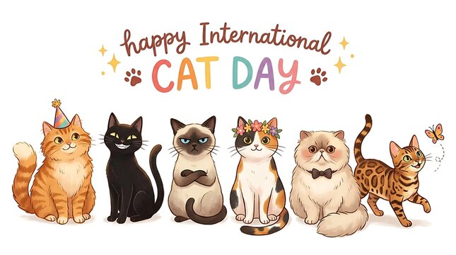 Illustration of diverse colorful cats celebrating international cat day