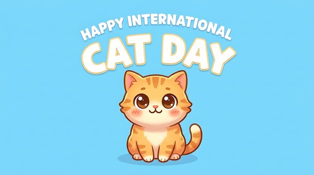 Cute orange tabby kitten illustration for international cat day with celebration