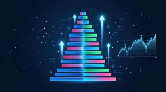 Futuristic Digital Stock Market Illustration with Colorful Bars Growing graph background, growth