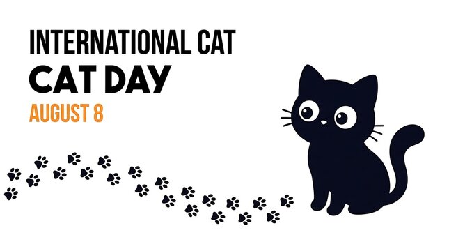 International cat day august 8 banner with black kitten and paw prints, domestic