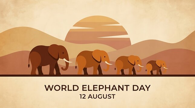 World elephant day banner with a herd walking across the african savannah