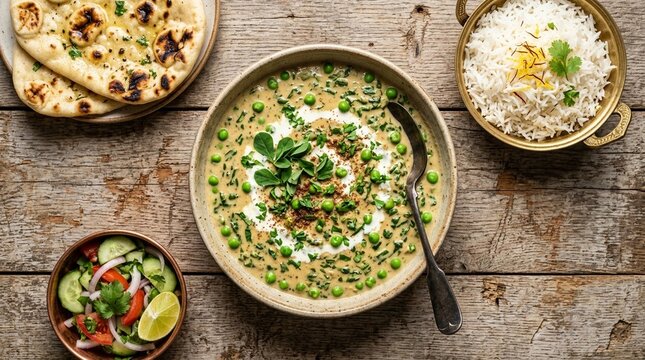 Methi malai matar curry with fenugreek leaves and green peas in a creamy pale gravy | Indian Food Stock Photo for Commercial Use