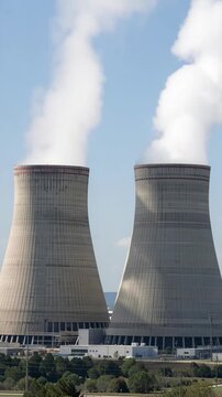 A large nuclear power plant with two visible reactors and a cloudy sky in the background.