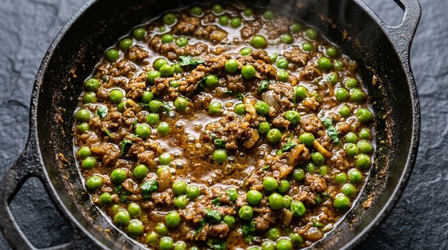Mutton keema curry simmering with peas in a deep brown spiced gravy | Indian Food Stock Photo for Commercial Use
