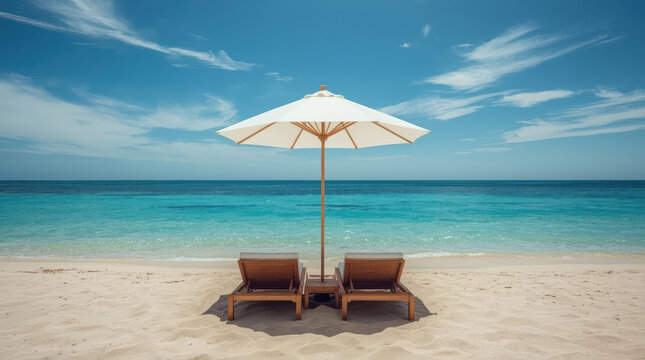 Luxury beach bed white umbrella turquoise sea serene summer escape calm horizon