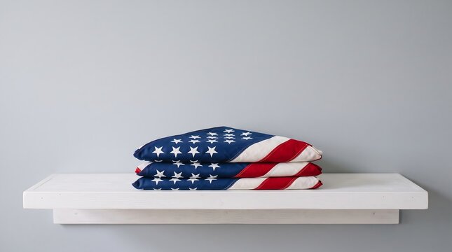 Stack of Folded American Flags on White Wooden Shelf