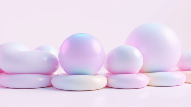 Pastel spheres, oblong shapes rest upon surface. Soft lighting creates dreamy, minimalist composition. Subtle gradients present.