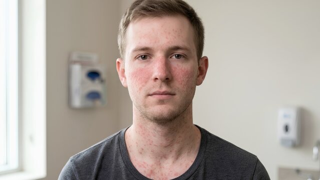 Young Male Patient with Red Facial Rash and Dermatitis in a Medical Clinic