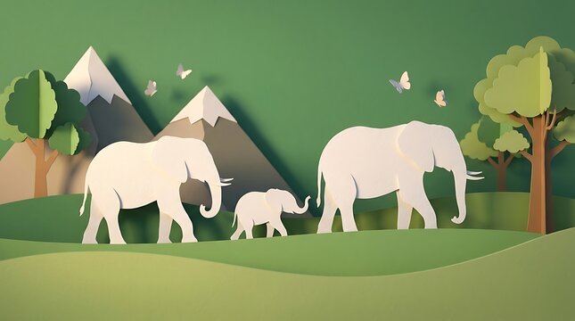 Paper craft papercut style elephant family walking in a scenic mountain