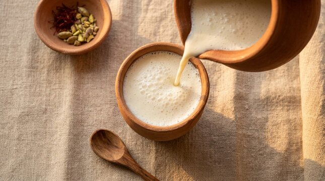 Sweet lassi poured into a clay kulhad glass with a light foam layer on top | Indian Food Stock Photo for Commercial Use