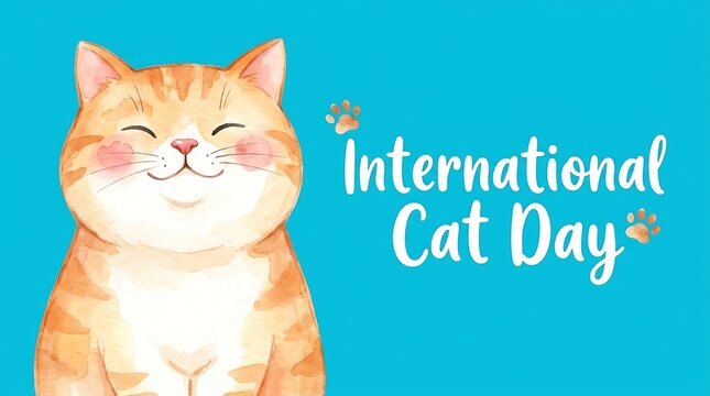 International cat day watercolor orange fluffy cat smiling on blue background