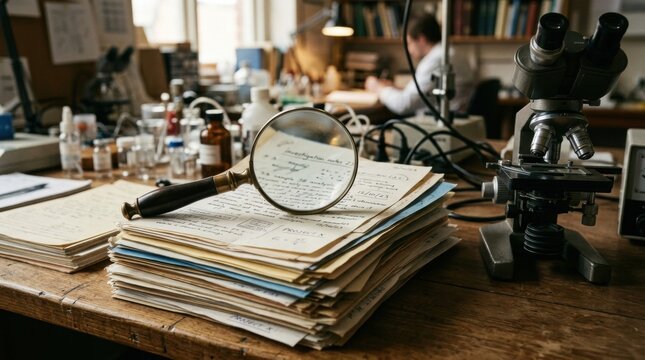 Magnifying Glass on Paper Stack with Microscope, Mystery Scientific publication trust relies thorough peer review
