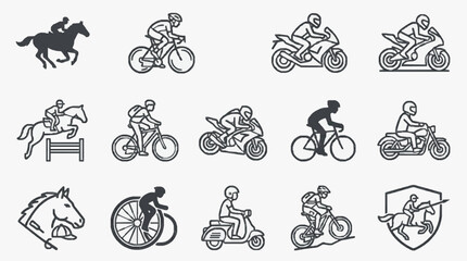 Obraz premium Creative Black and White Line Icons Set of Equestrian and Cycling Sports Activities with Various Vehicles