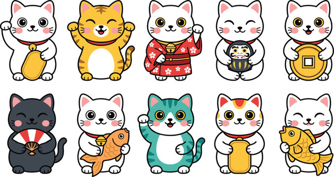 Japanese Maneki Neko Lucky Cat Cartoon Character Set with Waving Paws Gold Coins Kimono Daruma Dolls and Fish for Wealth and Prosperity Greeting Card Designs