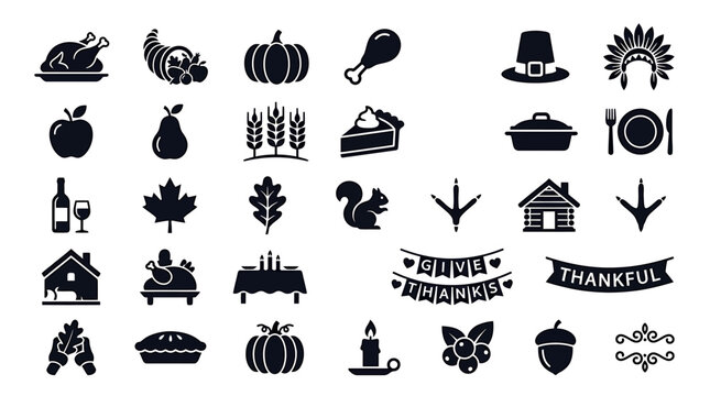 A collection of Thanksgiving themed icons featuring a turkey, pumpkin, and autumn leaves on a white background with various symbols.