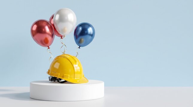 3D Render of Yellow Hard Hat on Podium with Patriotic Balloons