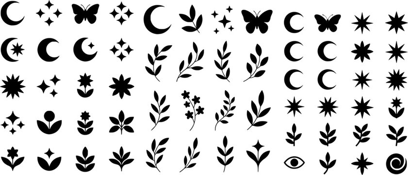 Mystical celestial tattoo creative vector icon set featuring minimalist flat silhouettes of crescent moons, stars, sparkles, butterflies, botanical leaves, floral branches, third eye, and magical 