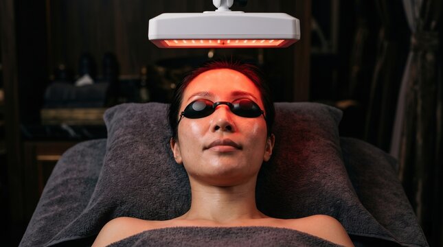 Asian woman wearing protective goggles relaxing under a red LED light therapy panel in a dark spa