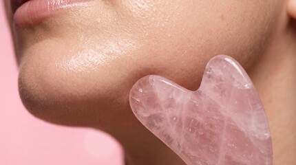 Close up of a woman face receiving traditional pink rose quartz gua sha massage on jawline