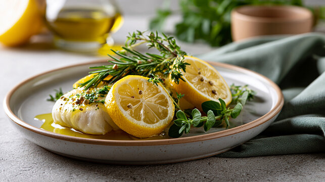 Affordable Mediterranean lunch with white fish lemon herbs and olive oil on ceramic plate highlighting quiet luxury minimal home wellness